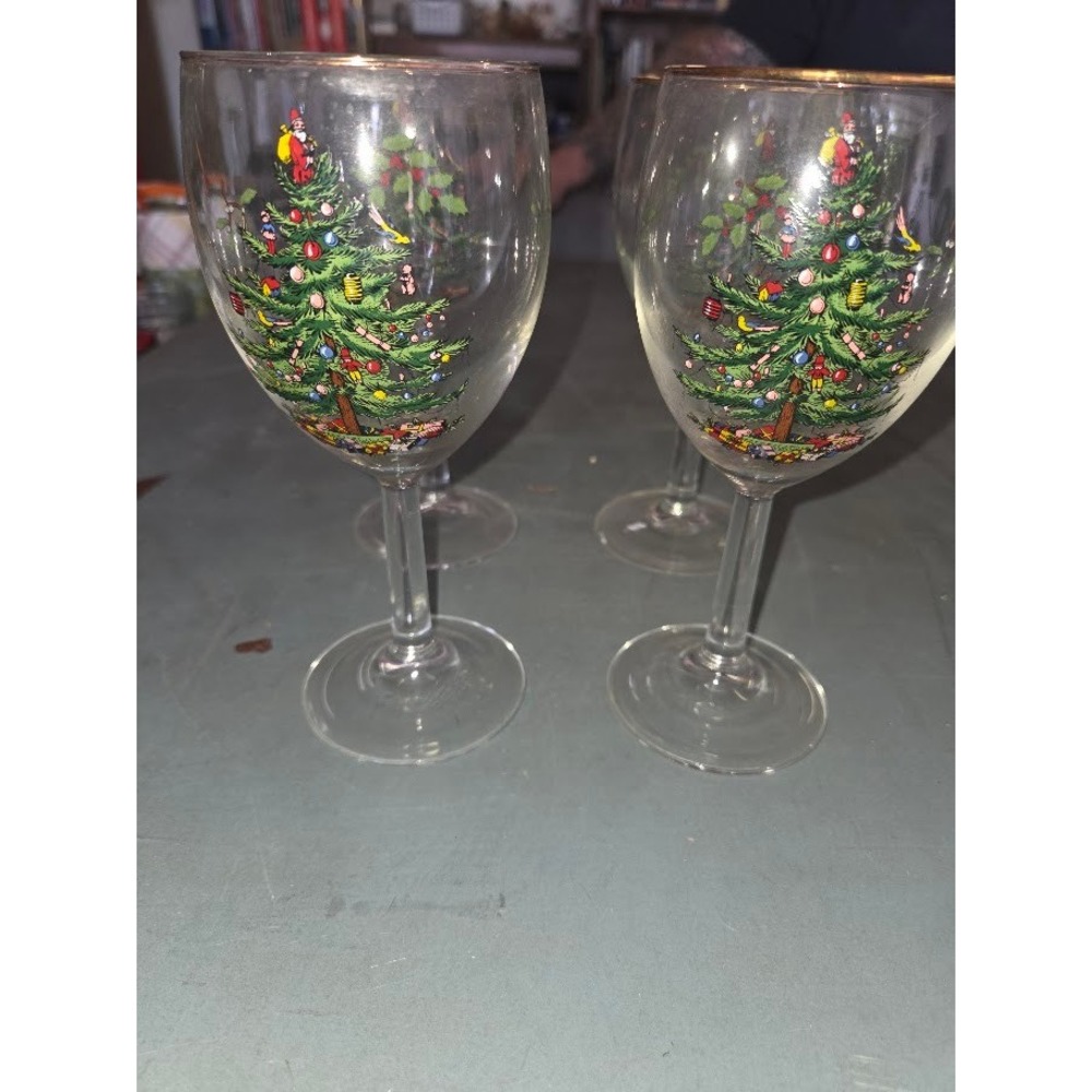 SPODE Christmas Tree Wine Glasses Gold Rim Holly Berry Set of 4 Holiday Glass